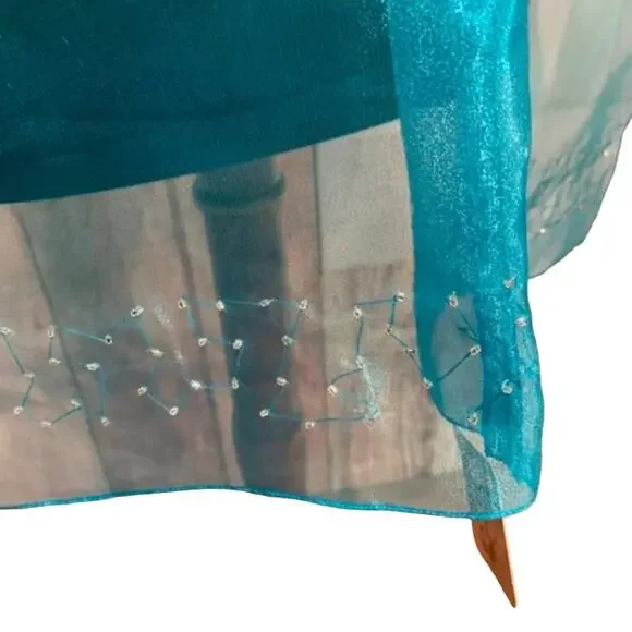 Handmade Upcycled Shiny Beaded Aqua Blue Lightweight Formal Sheer Poncho - Picture 7 of 8